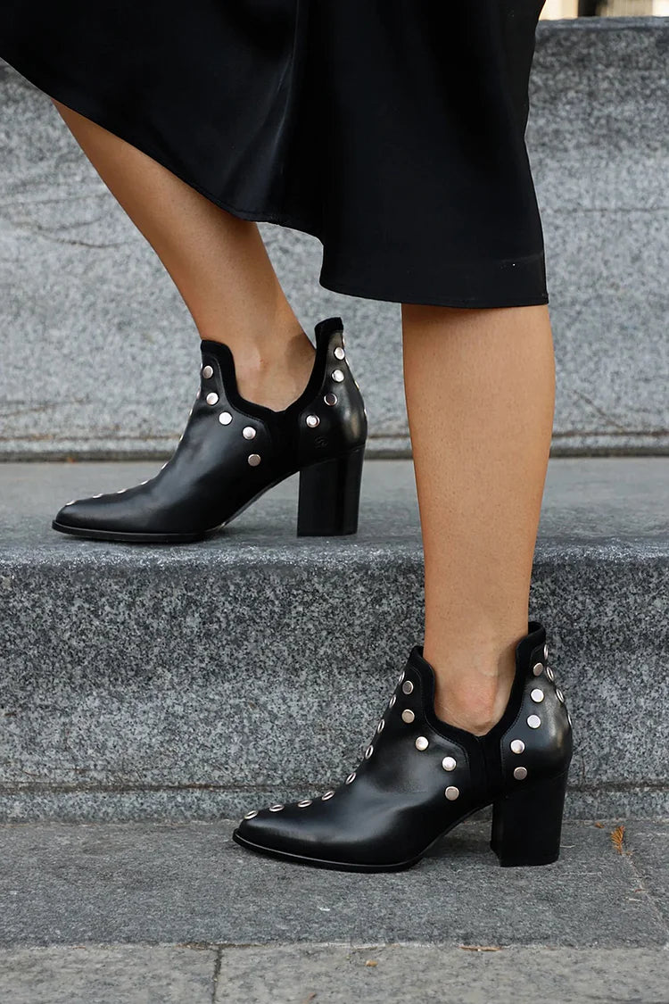 Women's Black Ankle Boots with Studs and Wide Block Heel