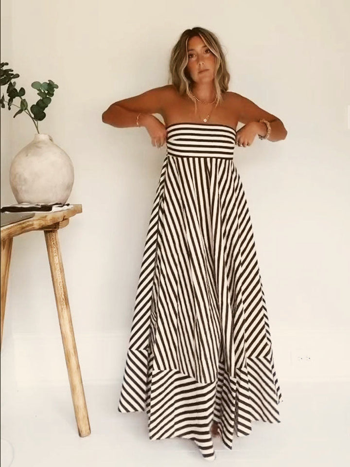 Yasmine | Maxi Summer Dress with Strapless Bodice and Striped Print