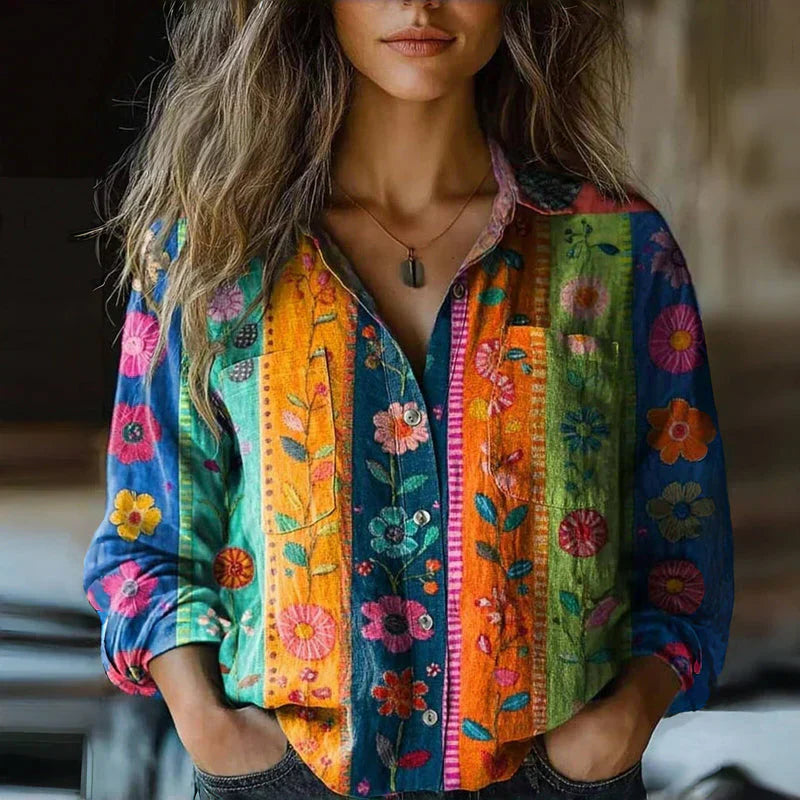 Women's Boho Print Shirt with Button Front and Long Sleeve