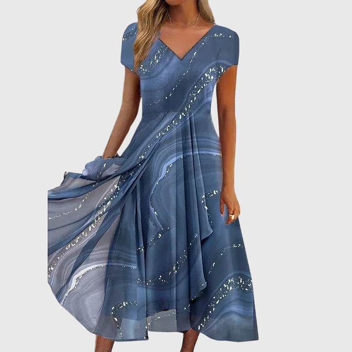 Women's Short Sleeve Midi Dress with V Neck and Print