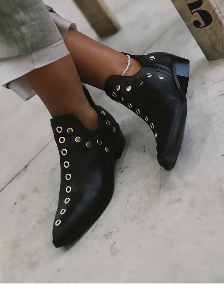 Women's Studded Ankle Boots with Pointed Toe and Block Heel