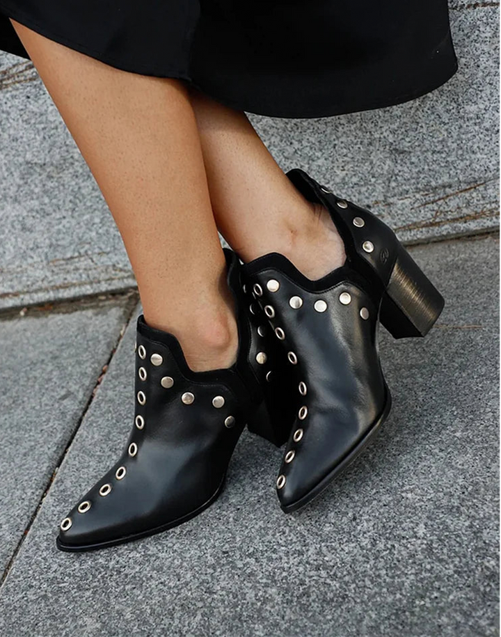 Women's Black Ankle Boots with Studs and Wide Block Heel