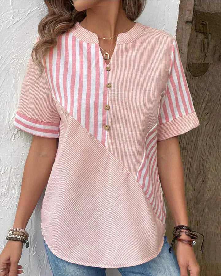 Nia | Striped Top with V Neckline and Button Detail