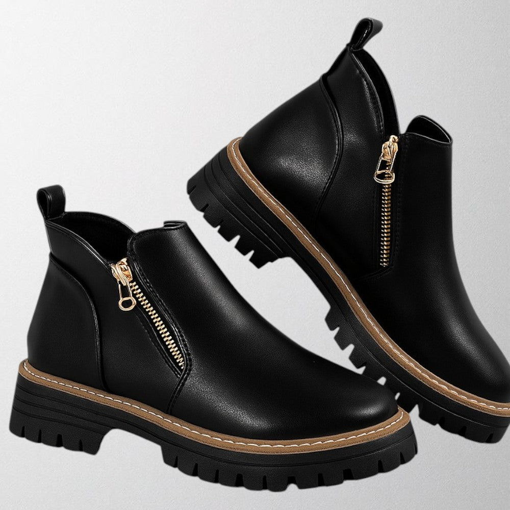 Women's Black Orthopedic Ankle Boots with Side Zip and Lug Sole