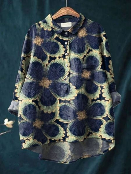 Flora | Floral Print Blouse with Shirt Collar and Long Sleeves