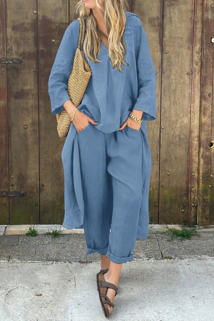 Nell | Co-ord Set with Wide Leg Trousers and V Neck Top