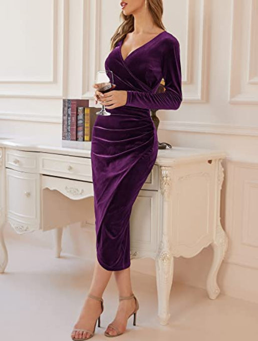 Grace | Midi Cocktail Dress with V-Neck Wrap and Long Sleeves