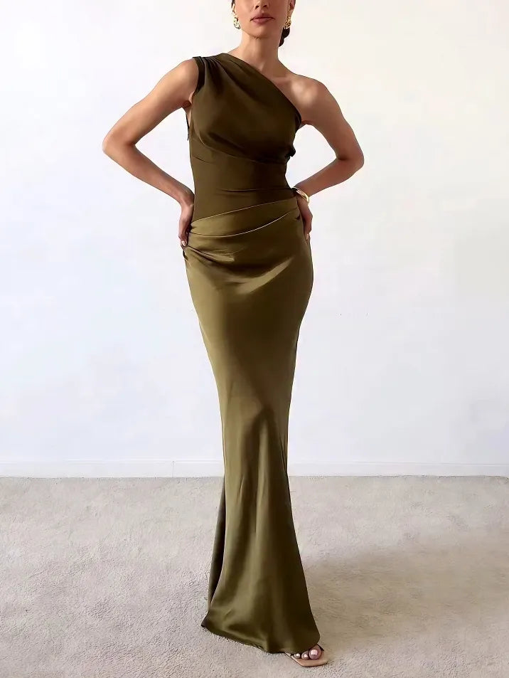 Anita | Maxi Wedding Guest Dress with One Shoulder and Pleated Skirt