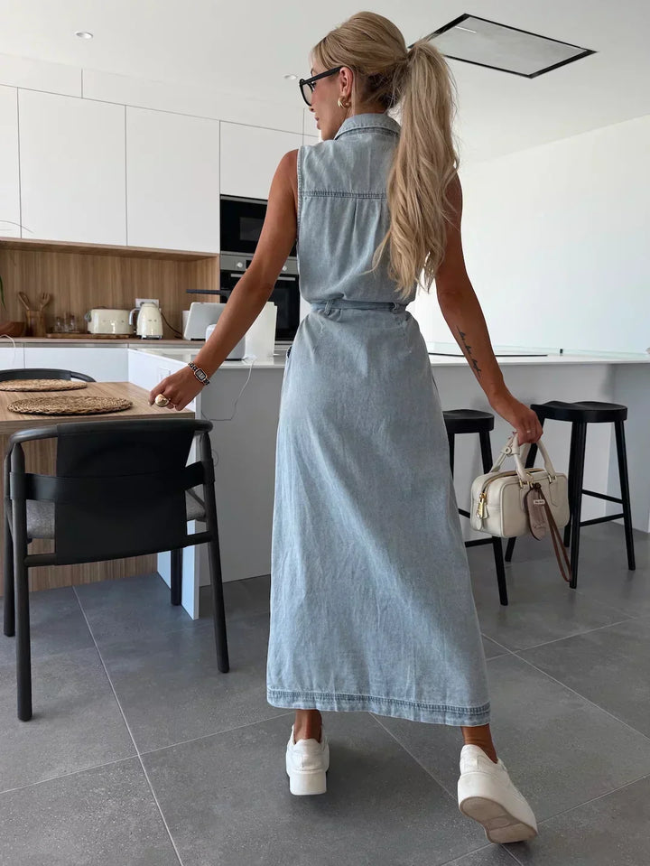 Claire | Maxi Shirt Dress with Belted Waist and Side Slit