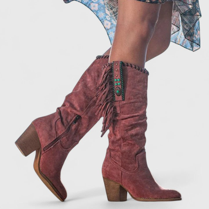 Women's Mid-Calf Western Fringe Boots with Block Heel Closed Toe