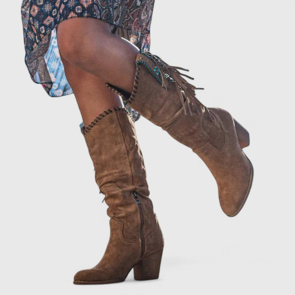 Women's Mid-Calf Western Fringe Boots with Block Heel Closed Toe