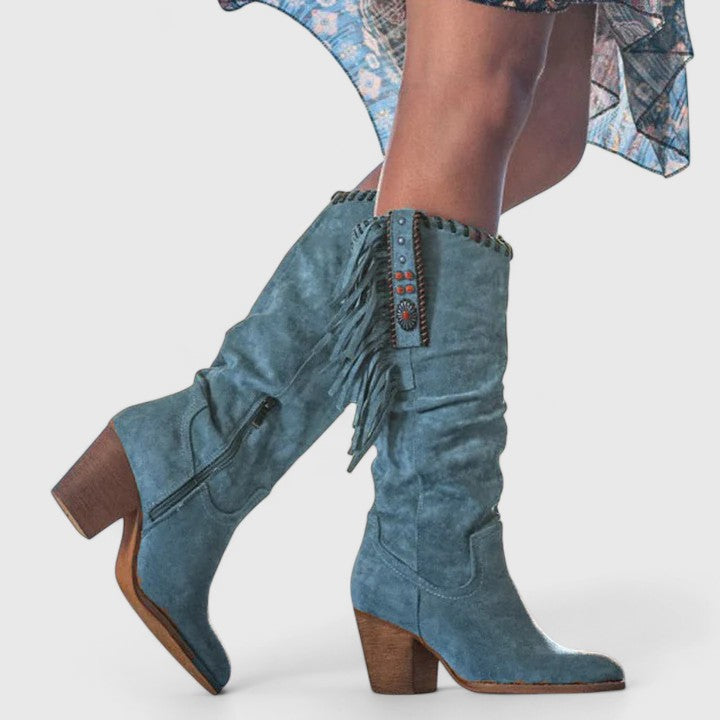 Women's Mid-Calf Western Fringe Boots with Block Heel Closed Toe