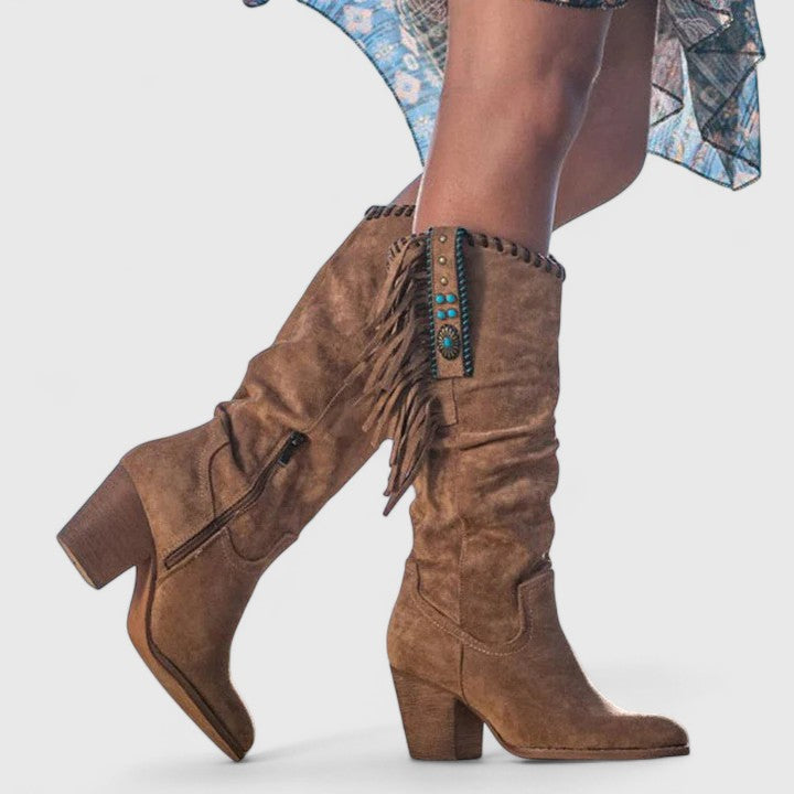 Women's Mid-Calf Western Fringe Boots with Block Heel Closed Toe