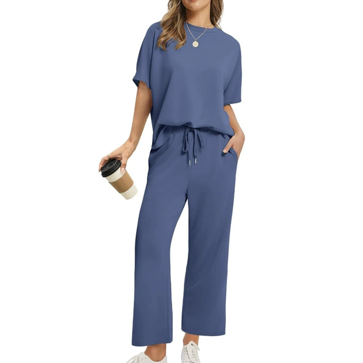 Aurora | Two-Piece Set with Round Neck Top and Wide Leg Trousers