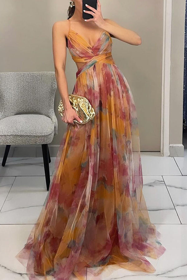 Women's Spaghetti Strap Maxi Dress with Ruched Bodice