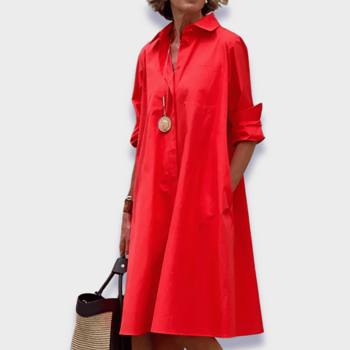 Women's Collared Midi Shirt Dress with Long Sleeve Folded Cuff