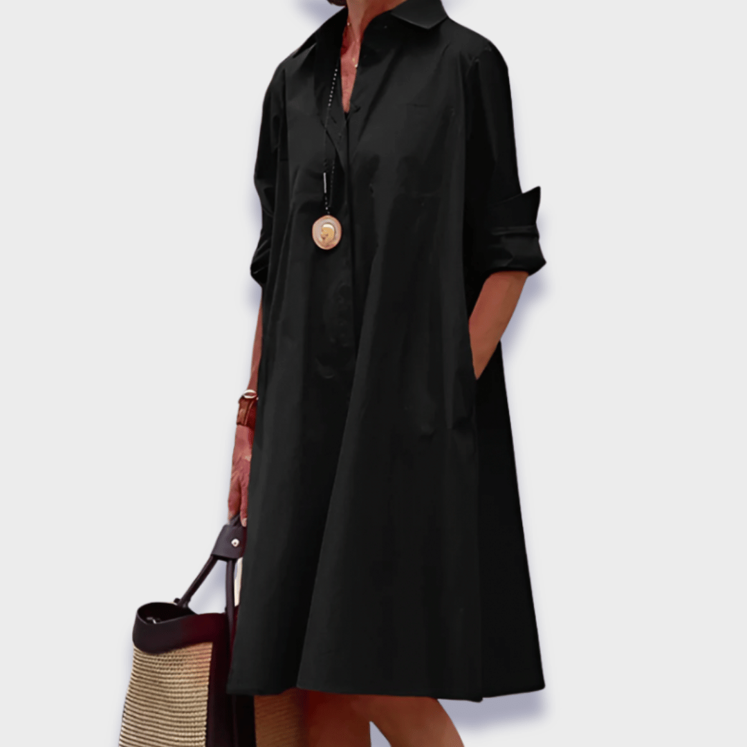 Women's Collared Midi Shirt Dress with Long Sleeve Folded Cuff