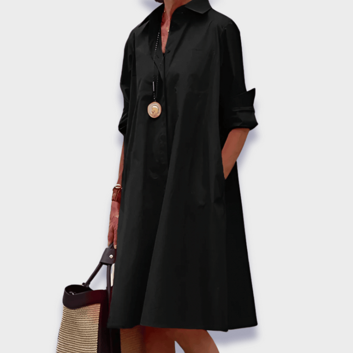 Women's Collared Midi Shirt Dress with Long Sleeve Folded Cuff