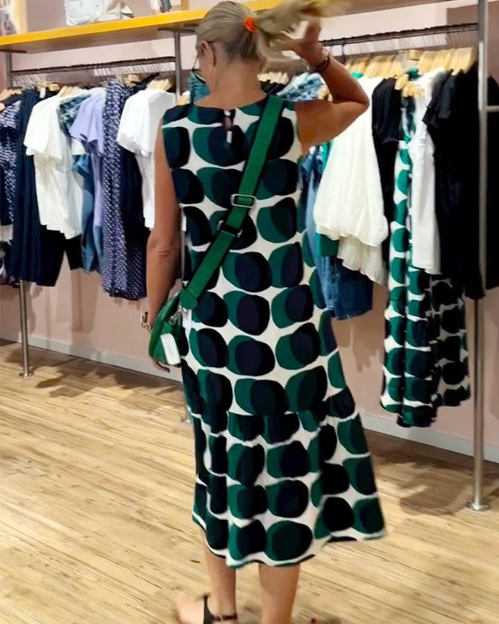 Sue | Midi Polka Dot Dress with Round Neck and Tiered Skirt