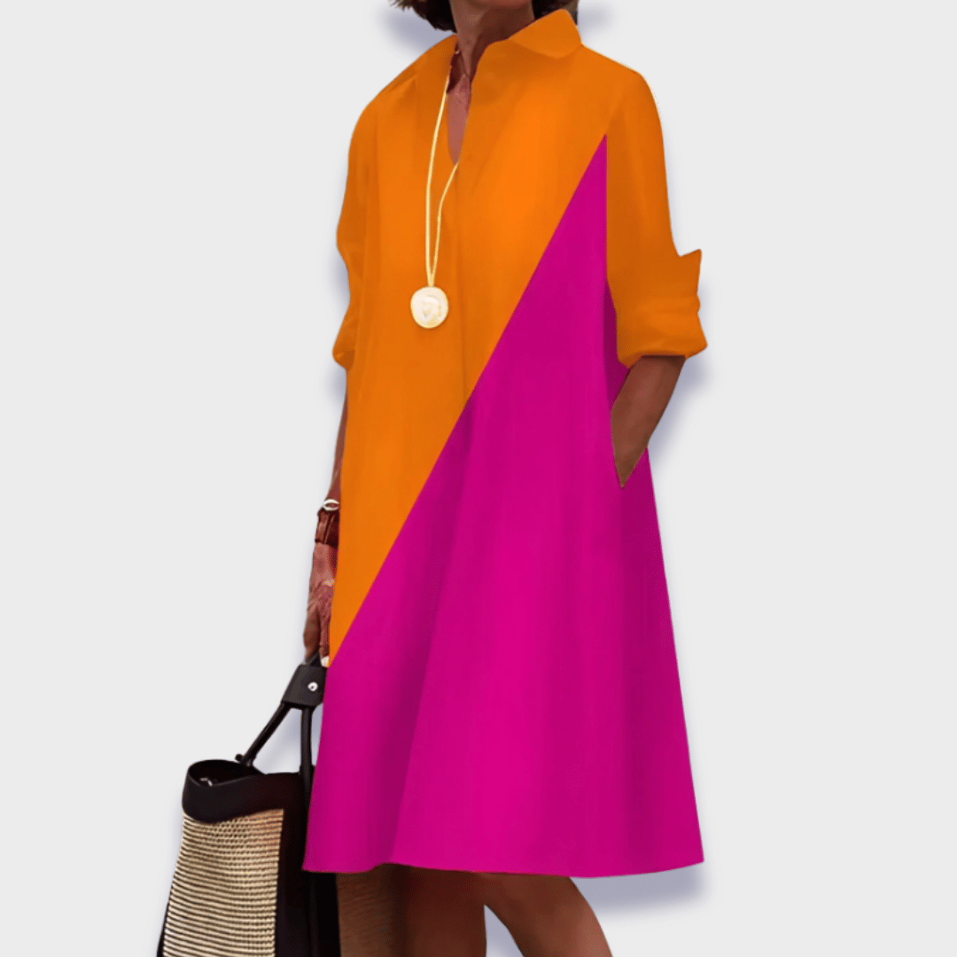 Women's Collared Midi Shirt Dress with Long Sleeve Folded Cuff