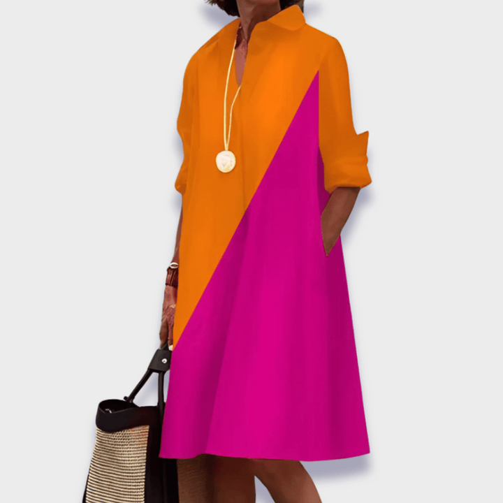 Women's Collared Midi Shirt Dress with Long Sleeve Folded Cuff
