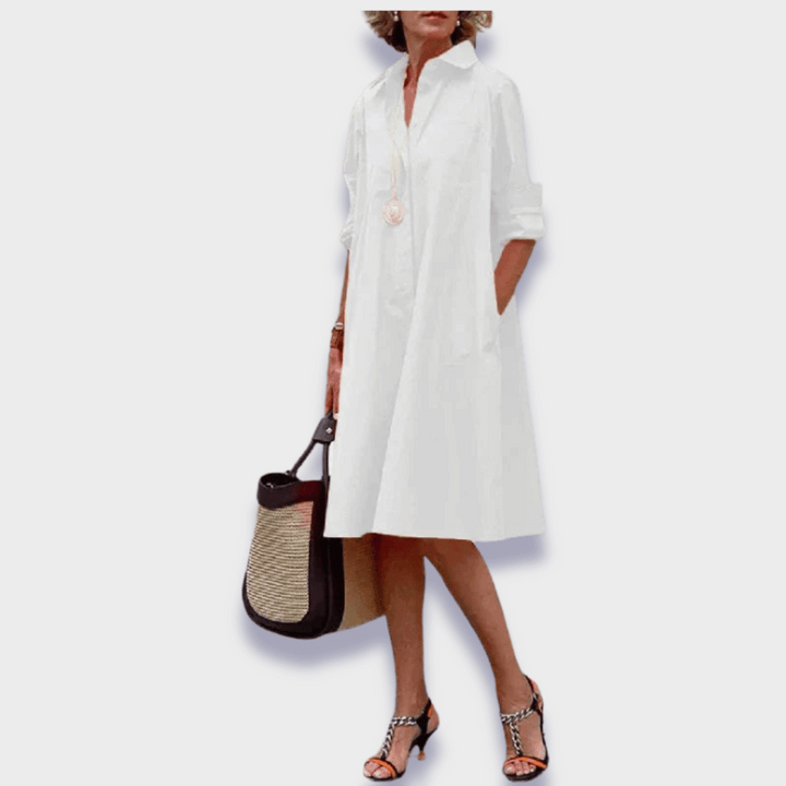 Women's Collared Midi Shirt Dress with Long Sleeve Folded Cuff