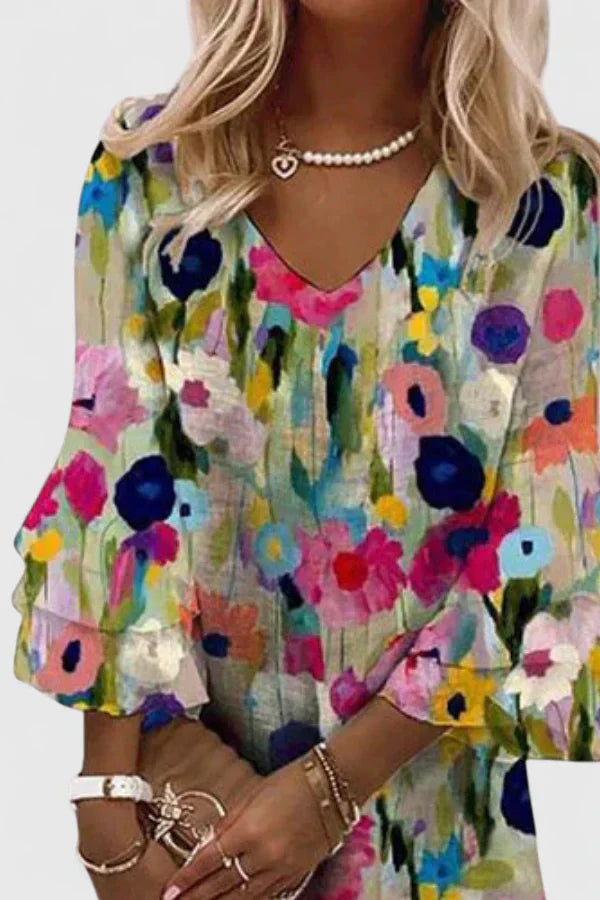 Women's Long Sleeve Floral Mini Dress with V-Neckline