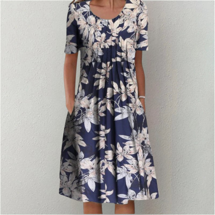 Women's Floral Midi Dress with Gathered Waist and Side Pockets