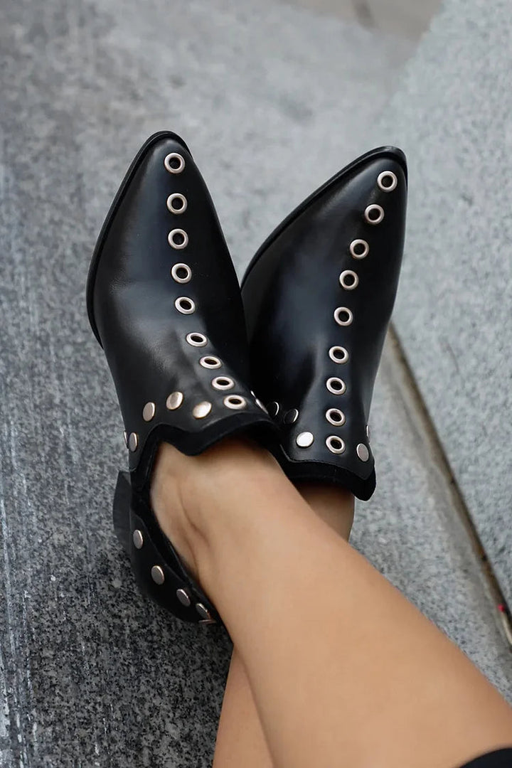 Women's Black Ankle Boots with Studs and Wide Block Heel