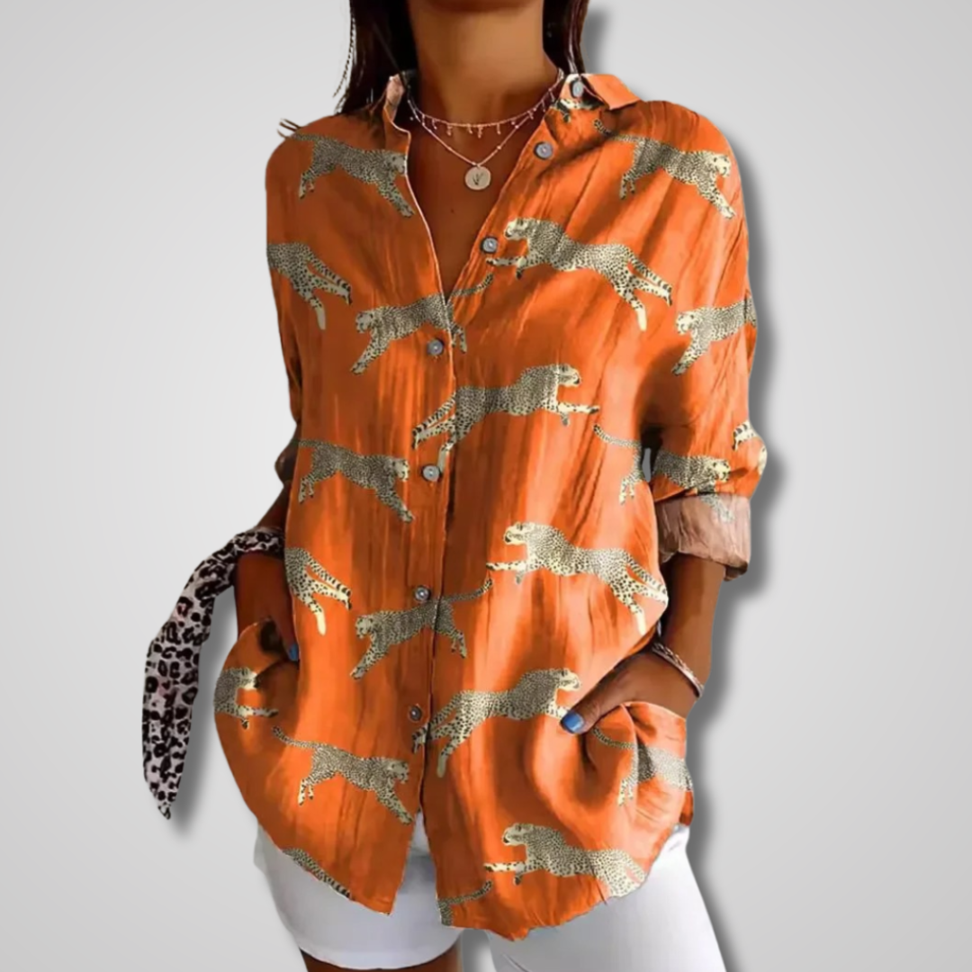 Women's Printed Long Sleeve Button Down Blouse with V-Neck