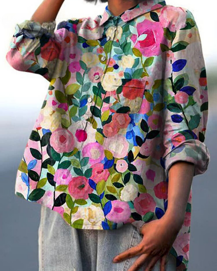 Flora | Floral Print Blouse with Shirt Collar and Long Sleeves