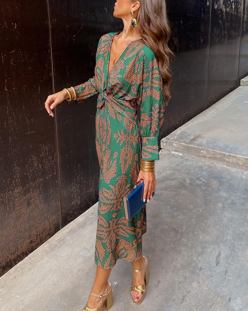 Beth | Midi Summer Dress with Boho Print and Long Sleeves