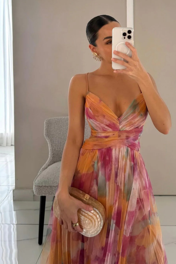 Hazel | Maxi Wedding Guest Dress with Floral Print and Pleated Skirt