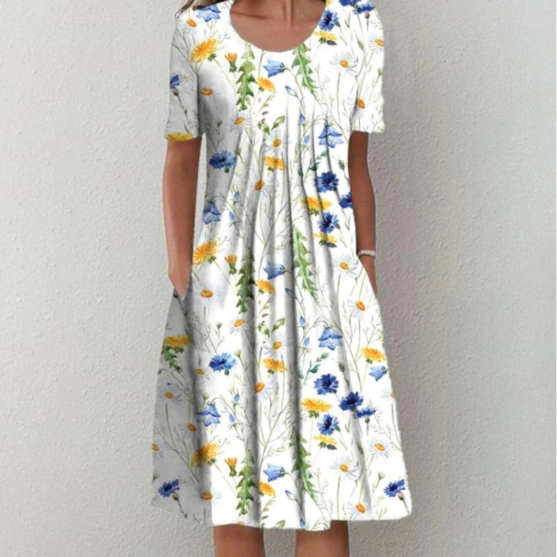 Women's Floral Midi Dress with Gathered Waist and Side Pockets