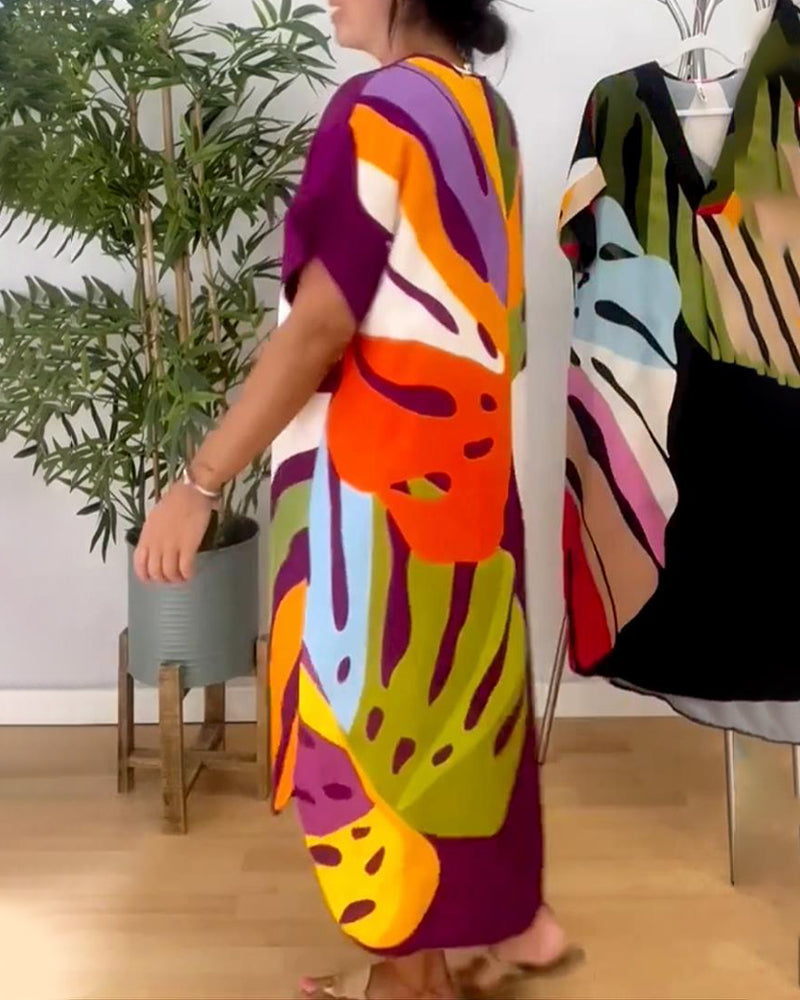 Lisa | Midi Summer Dress with Abstract Print and Batwing Sleeves