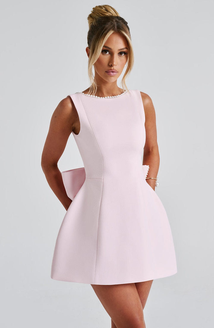 Amber | Mini Wedding Guest Dress with Pearl Trim and A-Line Cut