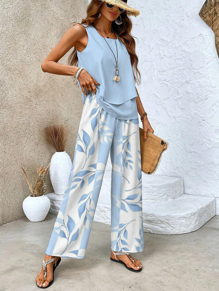 Women's Sleeveless Tank Top and Printed Wide Leg Pants Set