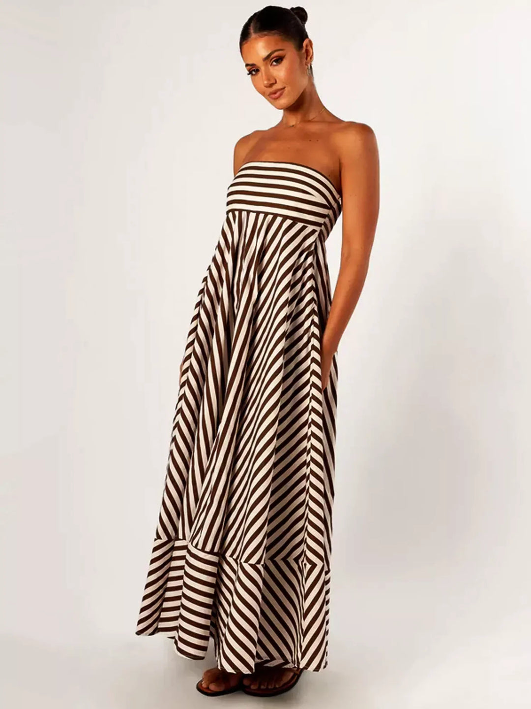 Yasmine | Maxi Summer Dress with Strapless Bodice and Striped Print