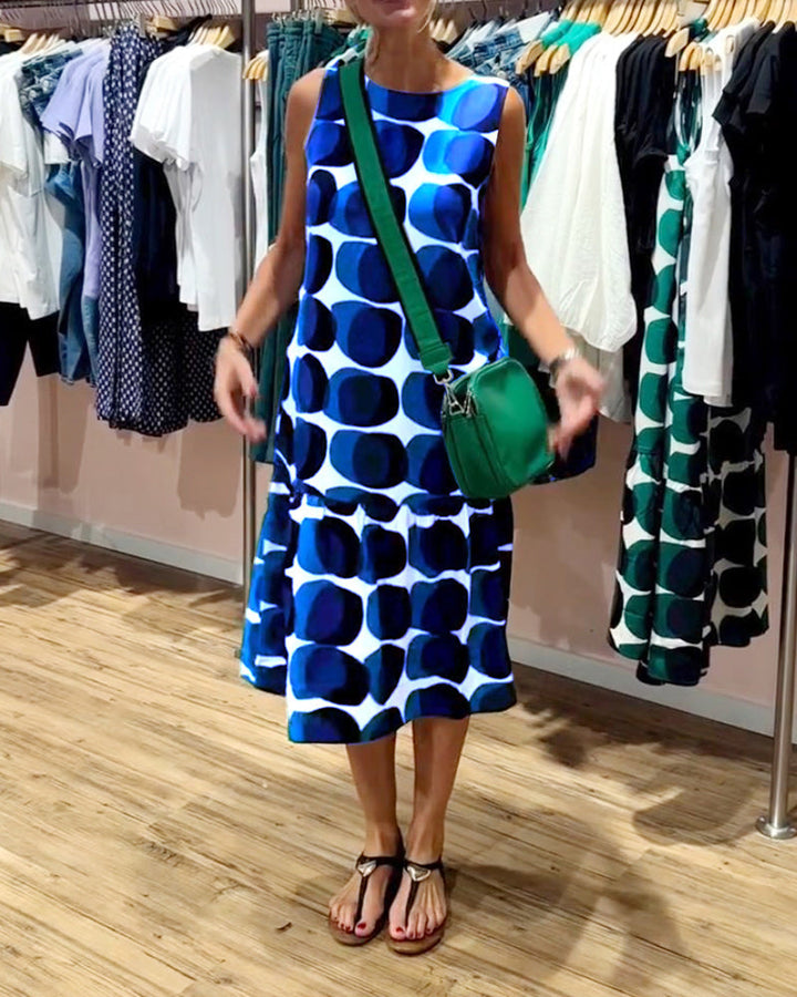 Sue | Midi Polka Dot Dress with Round Neck and Tiered Skirt