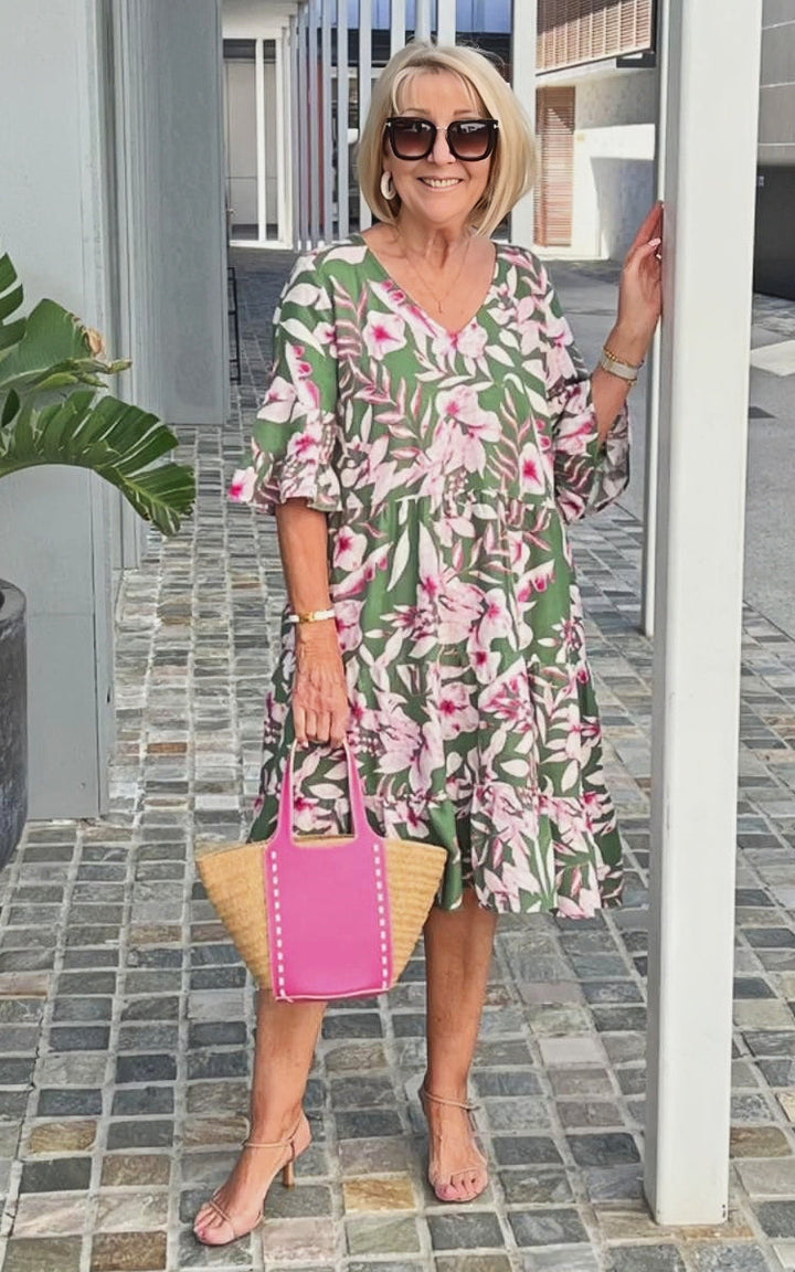 Madeline | Midi Polka Dot Dress with V-Neck and Flutter Sleeves