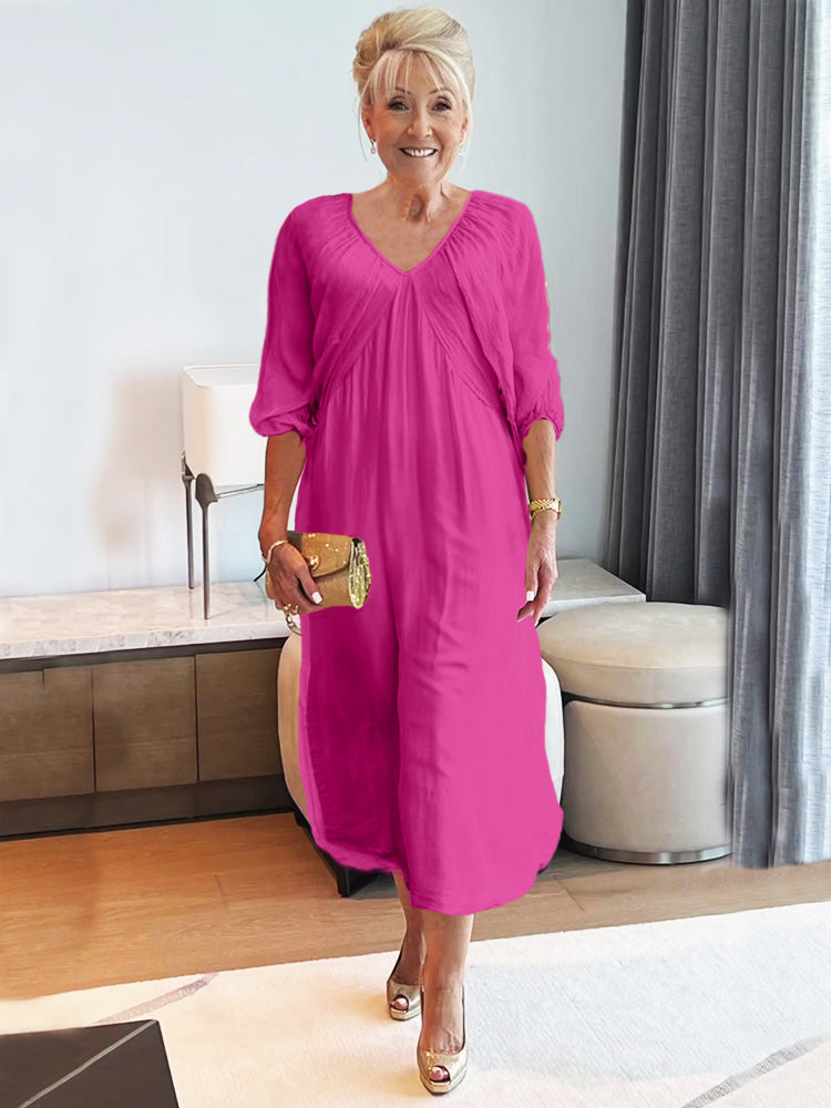 Aurora | Midi Summer Dress with V-Neck and 3/4 Sleeves