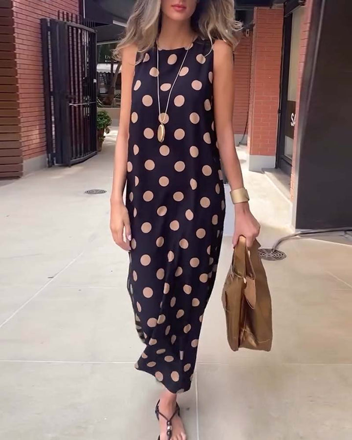 Vivian | Maxi Polka Dot Dress with Round Neck and Sleeveless Bodice