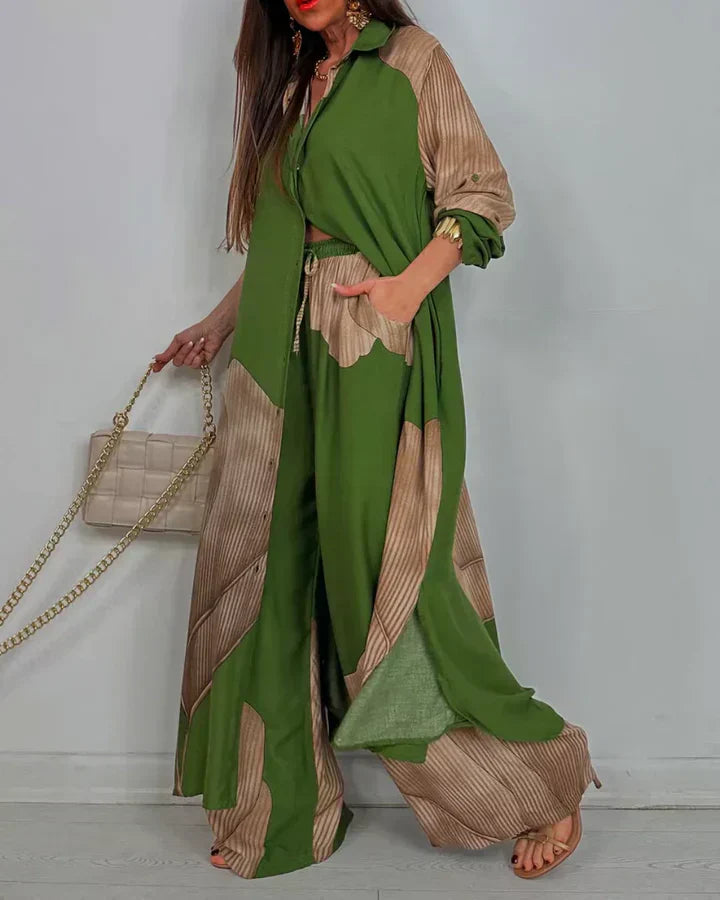Nala | Abstract Print Two-Piece Set with Wide-Leg Trousers and Open Shirt