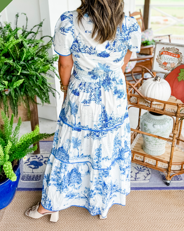 Nova | Maxi Shirt Dress with Toile Print and Tiered Skirt