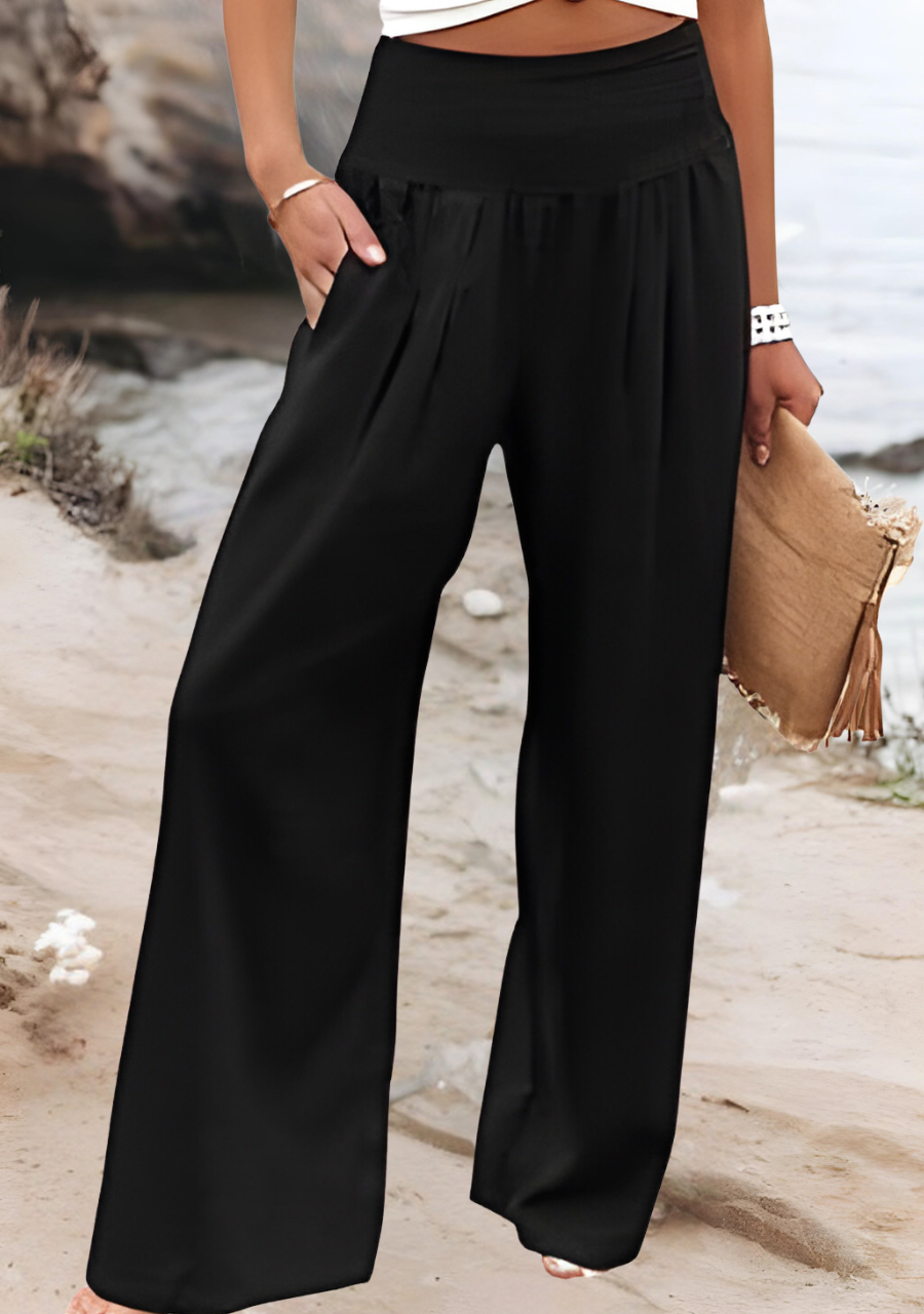 Fia | Wide-Leg Trousers with Smocked Waist and Plain Finish