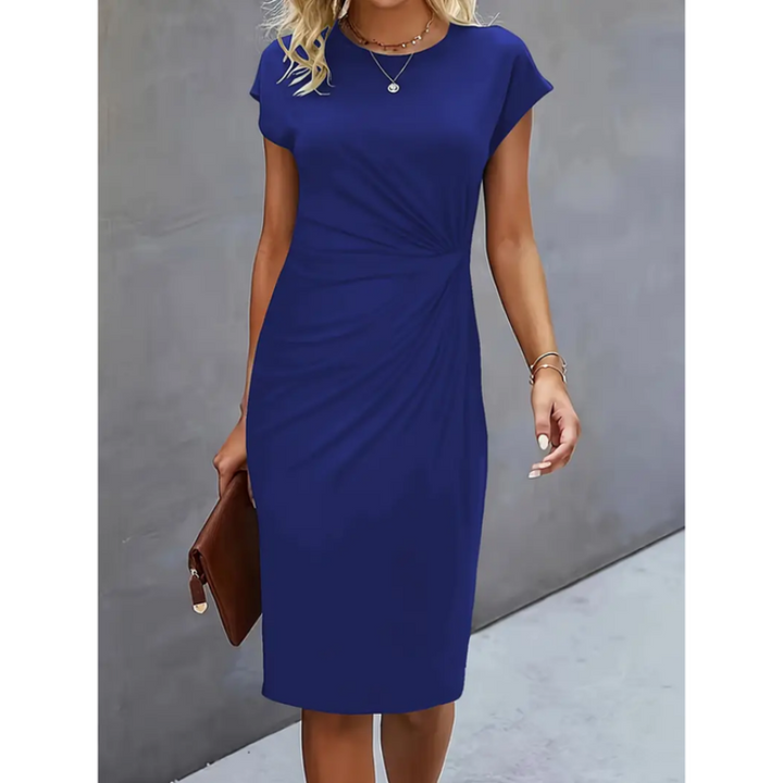 Anne | Midi Cocktail Dress with Ruched Bodice and Round Neck