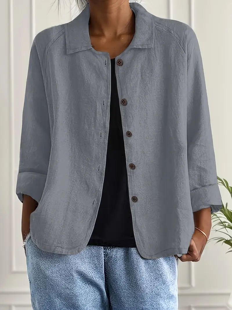 Women's Relaxed Linen Shirt with Open Collar and Button Front