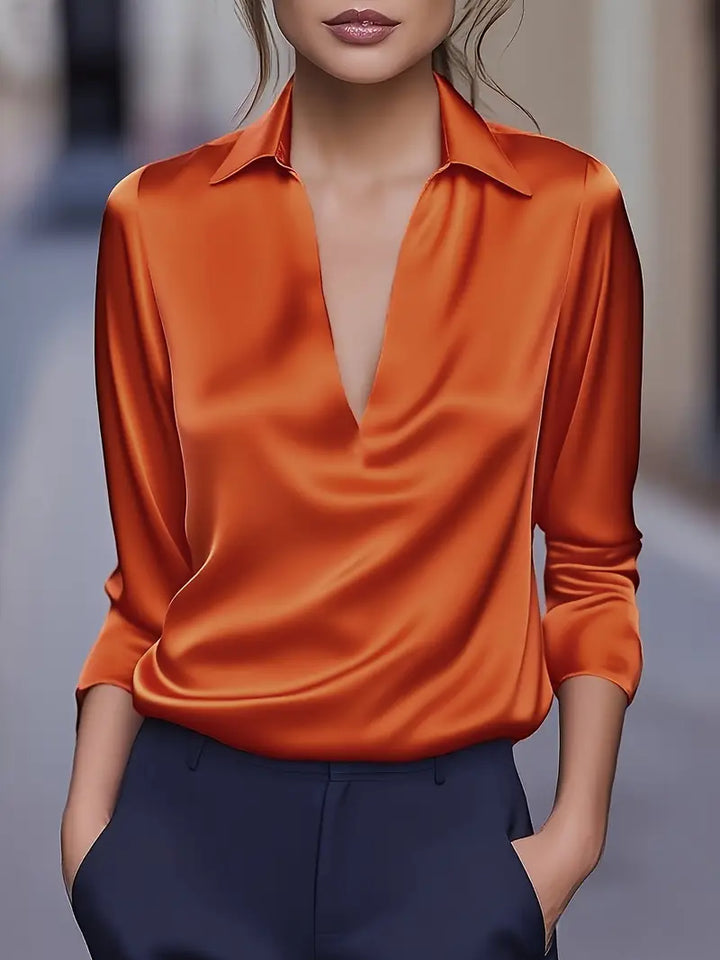 Women's Satin Blouse with V-Neck Collar and Long Sleeve