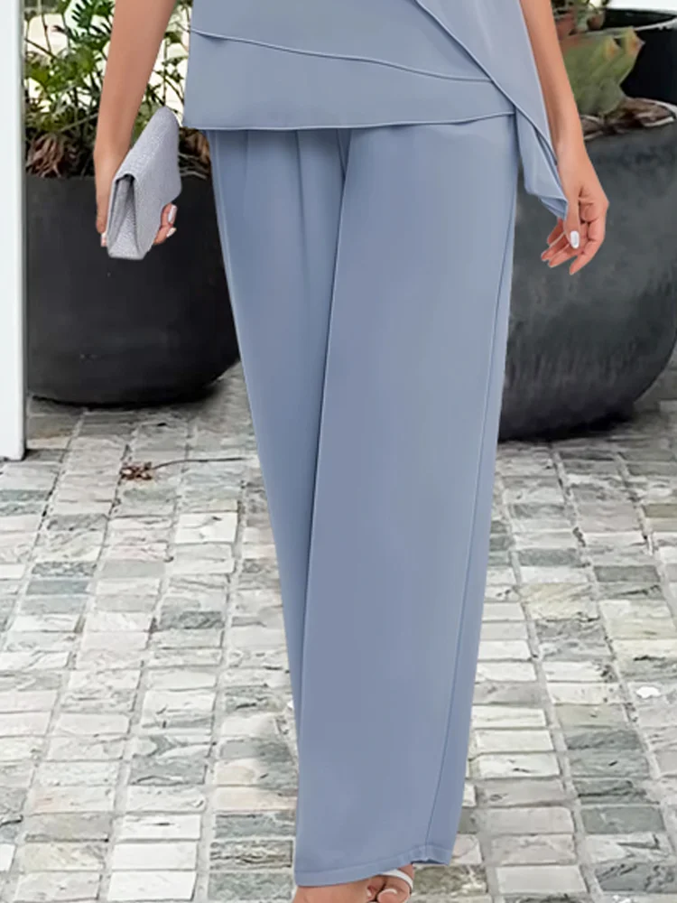 Women's Short Sleeve Draped Overlay Top and Straight Leg Pants Set
