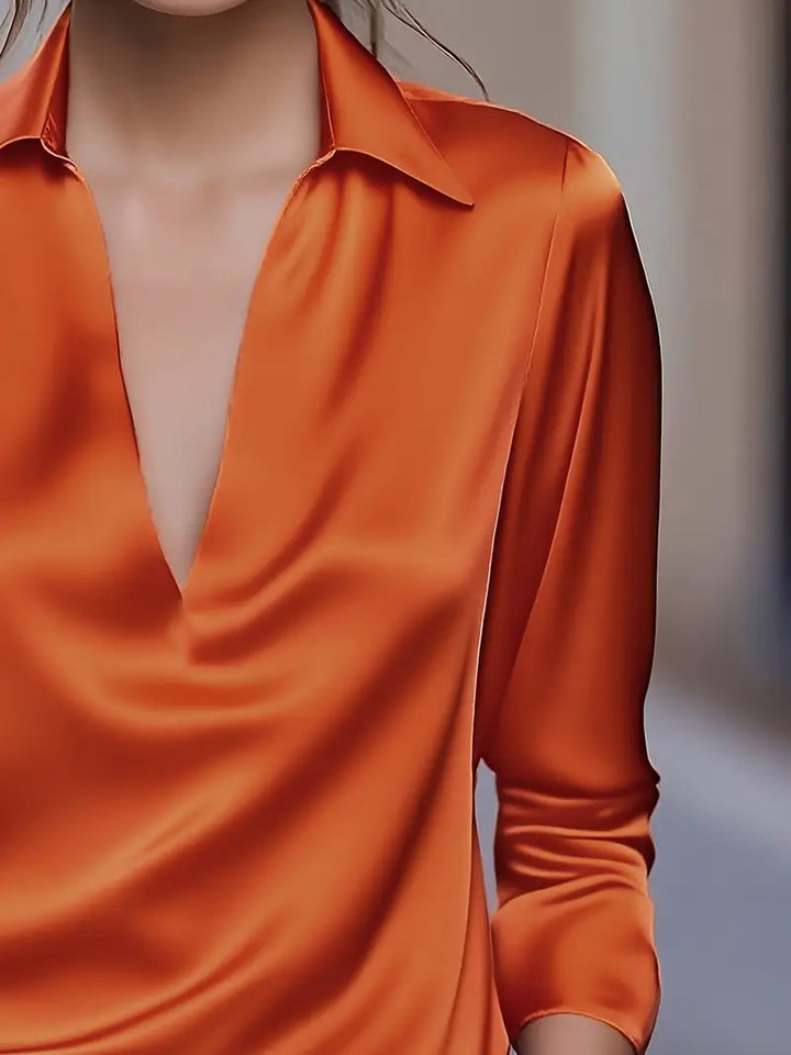 Women's Satin Blouse with V-Neck Collar and Long Sleeve